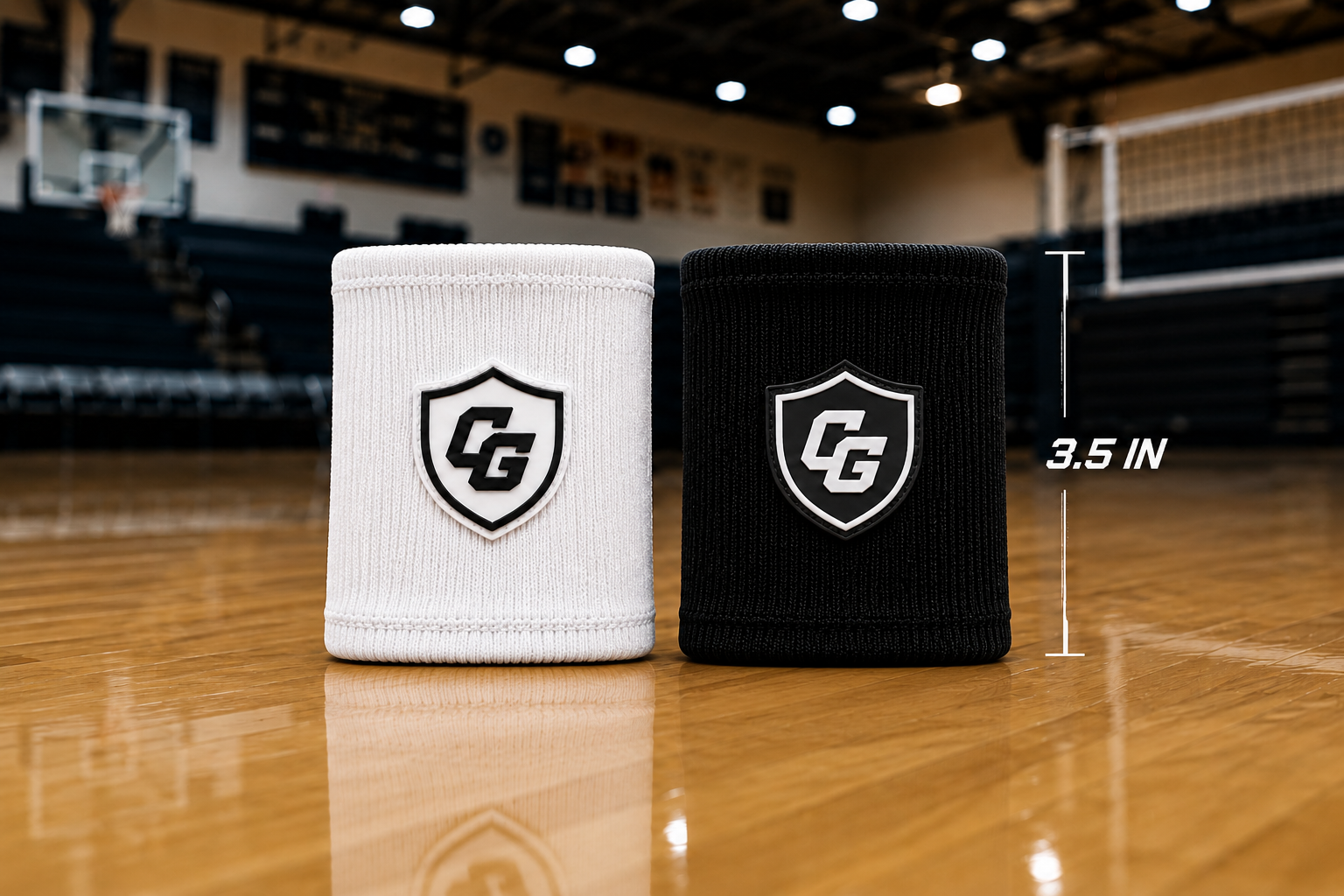 Clutch Guard wristbands in white and black with 3.5 inch size callout on a gym floor