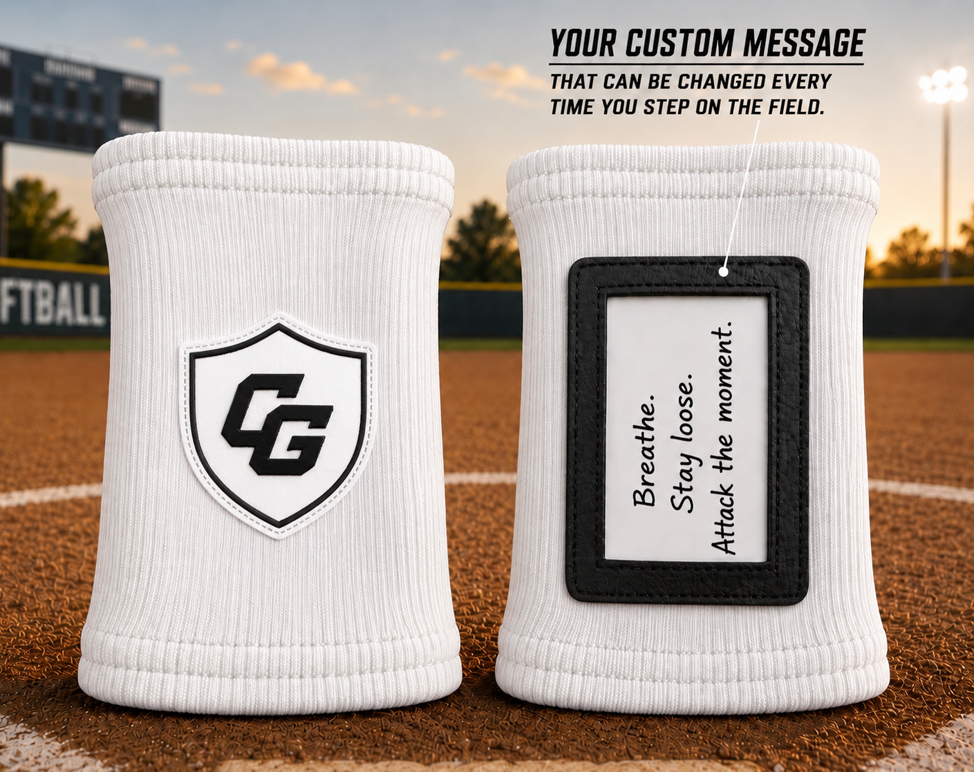 White 6 inch Clutch Guard wristbands on a softball field with custom message card